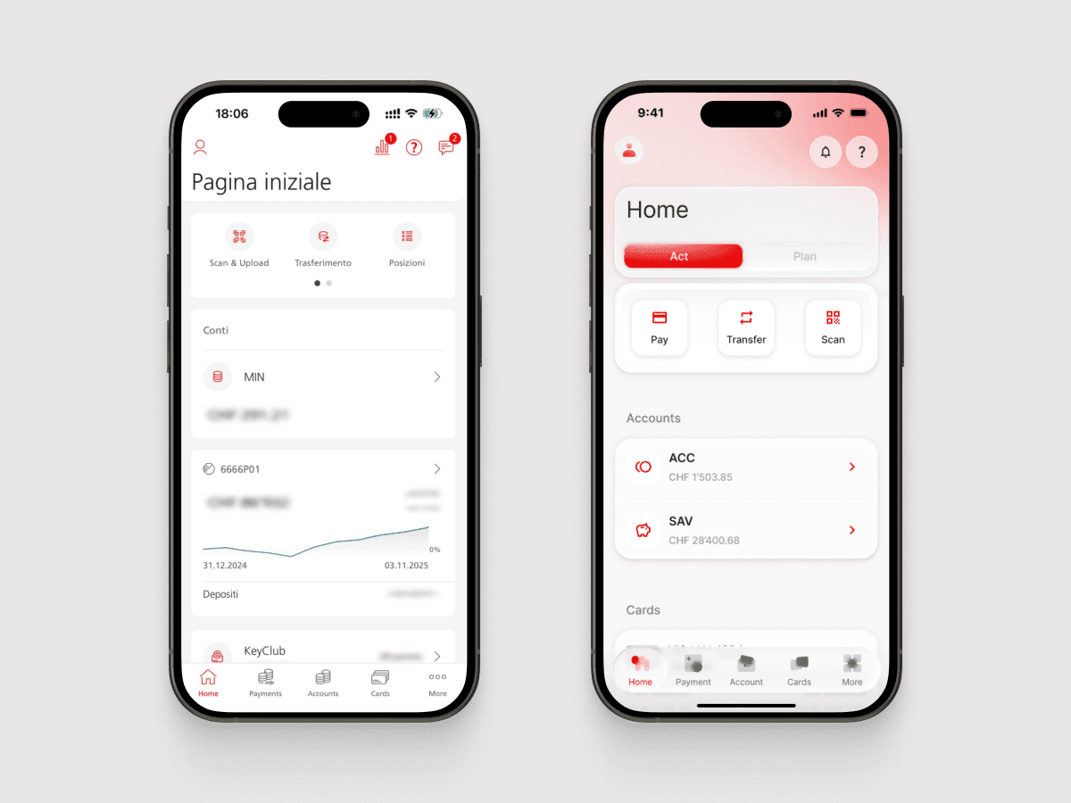 Old UBS interface compared to redesign