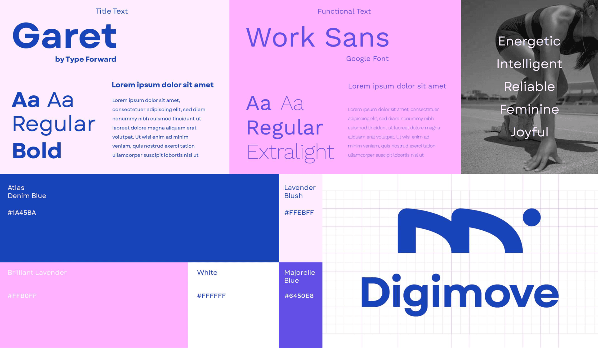 Brand assets — the 'm' in the logotype is crafted to resemble a person poised to run