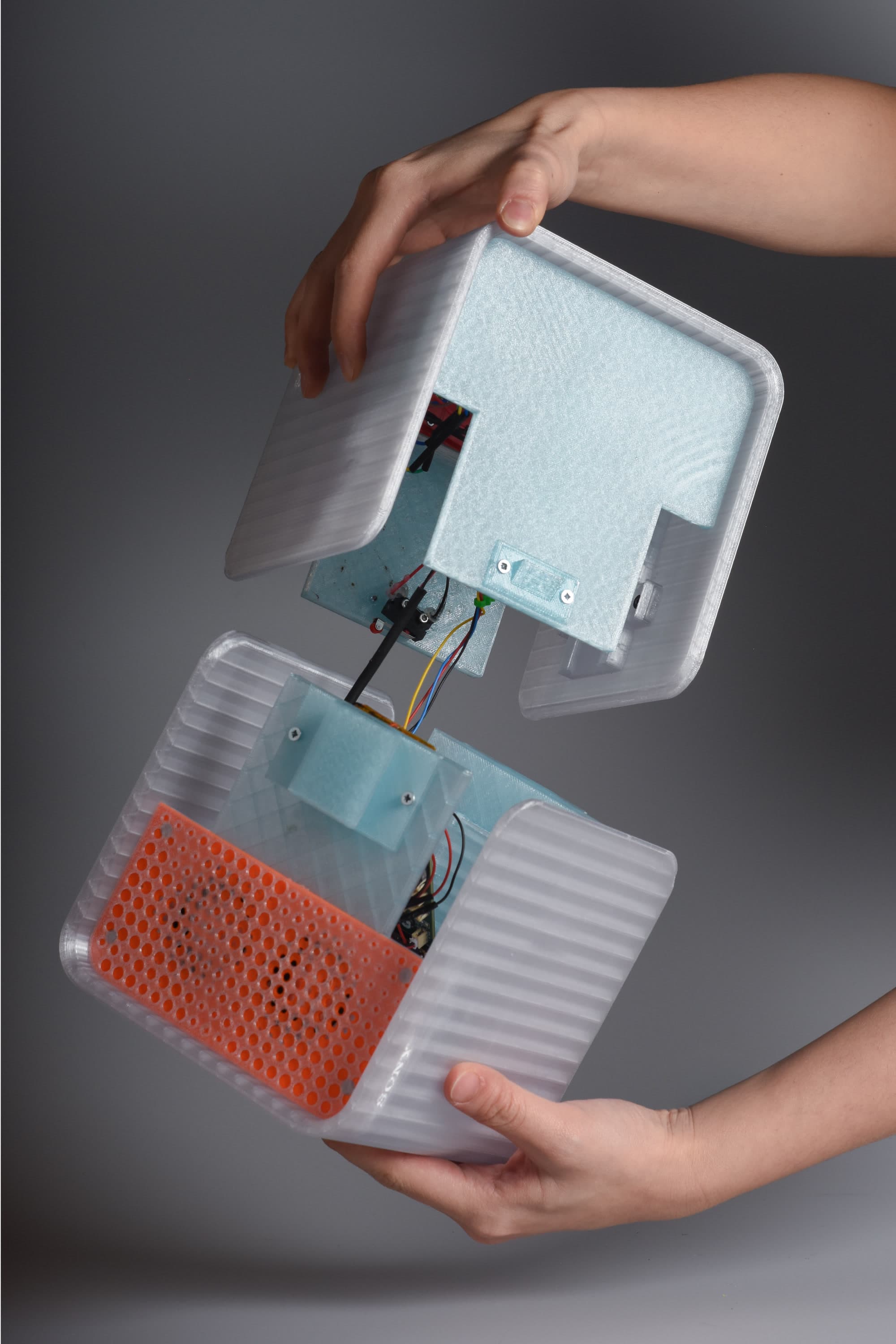 Radio open showing internal mechanism