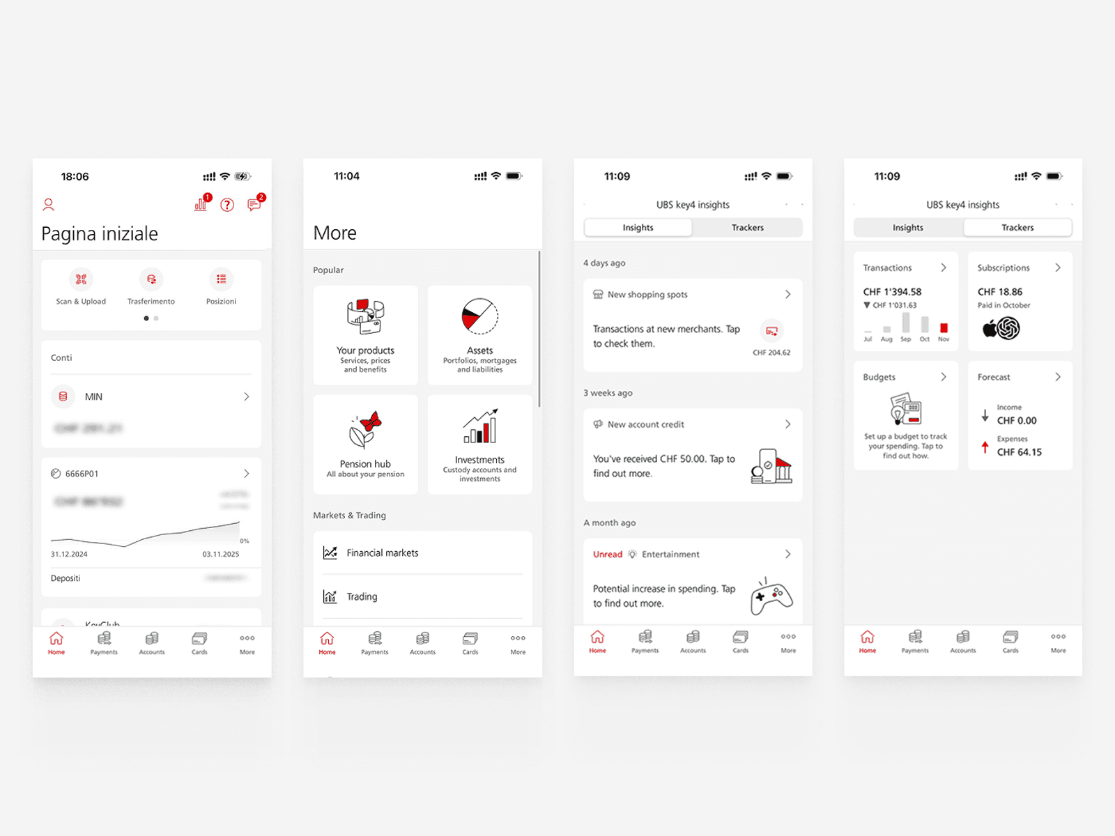 The current UBS Key4 App: Homescreen, Product overview, Key4 insights and Key4 trackers